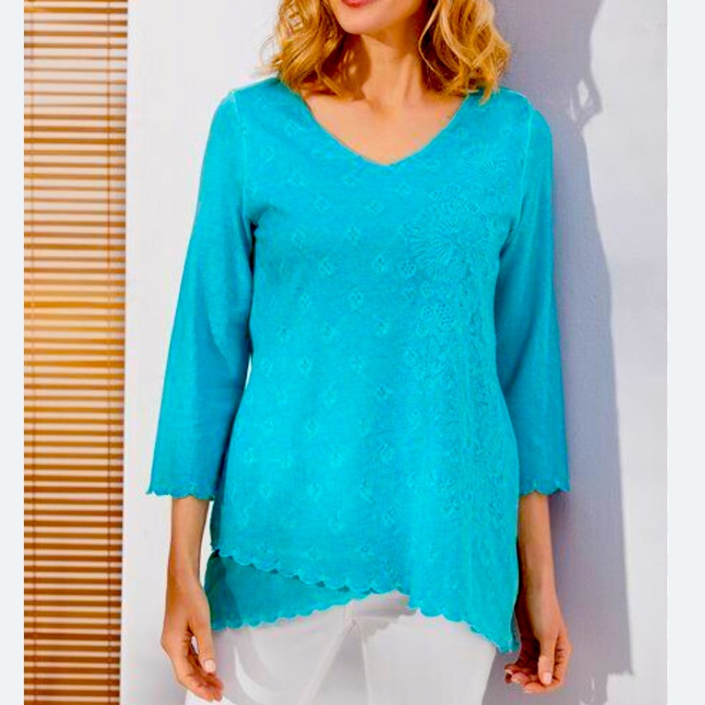 Soft Surroundings Women’s Aruba Blue Malolo Scalloped Embroidered Tunic Top